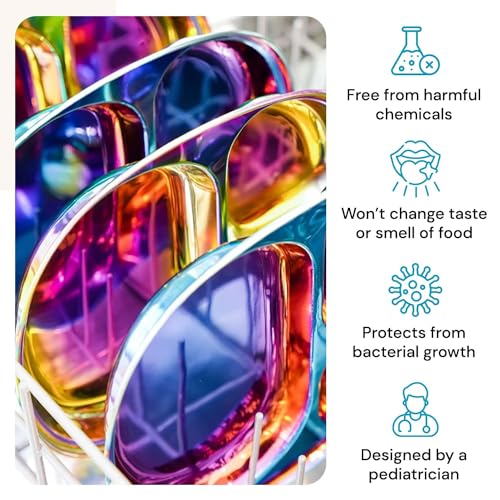 Ahimsa Stainless Steel Dinner Set - 5 Piece Mindful Mealtime Set | Pediatrician Designed Stainless Steel Plates for Kids, Toxin Free Stainless Steel Dinnerware Set | 100% BPA Free (Rainbow)