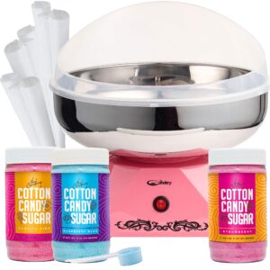 the candery cotton candy machine with stainless steel bowl 2.0 and floss bundle- flossing sugar floss candy for birthday parties fairs - includes 3 floss sugar flavors 12oz jars and 50 paper cones