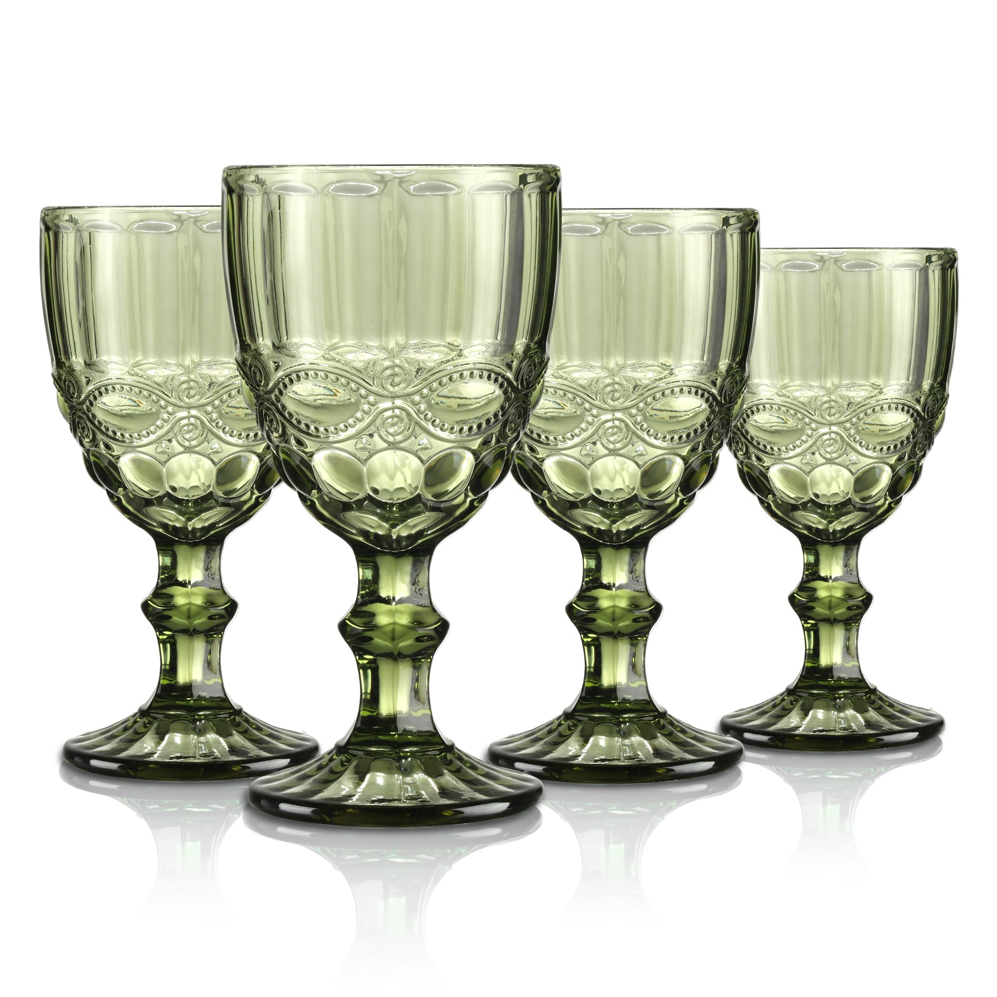 Joeyan Green Vintage Wine Glasses,Clear Water Goblet Glasses with Embossed Serpentine Pattern,Stemmed Colored Glassware Set for Wedding Party Banquet Feast,10 oz,Set of 4,Dishwasher Safe