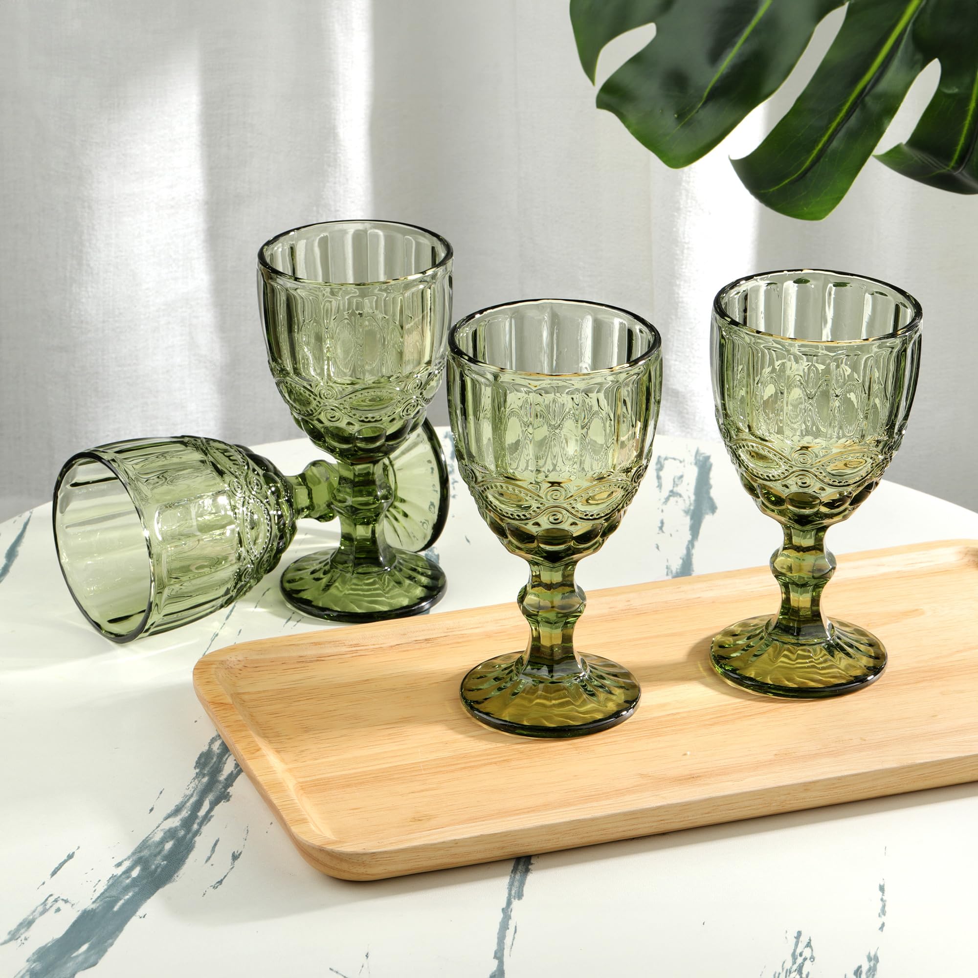 Joeyan Green Vintage Wine Glasses,Clear Water Goblet Glasses with Embossed Serpentine Pattern,Stemmed Colored Glassware Set for Wedding Party Banquet Feast,10 oz,Set of 4,Dishwasher Safe