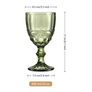 Joeyan Green Vintage Wine Glasses,Clear Water Goblet Glasses with Embossed Serpentine Pattern,Stemmed Colored Glassware Set for Wedding Party Banquet Feast,10 oz,Set of 4,Dishwasher Safe