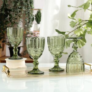 Joeyan Green Vintage Wine Glasses,Clear Water Goblet Glasses with Embossed Serpentine Pattern,Stemmed Colored Glassware Set for Wedding Party Banquet Feast,10 oz,Set of 4,Dishwasher Safe