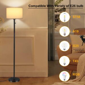 Floor Lamps for Living Room, Stepless Dimmable Standing Lamp, Modern Floor Lamp with Rotary Switch, White Linen Shade, 9W Led Bulb Included(1000LM,2700K), Tall Lamp for Bedroom, Office, Farmhouse