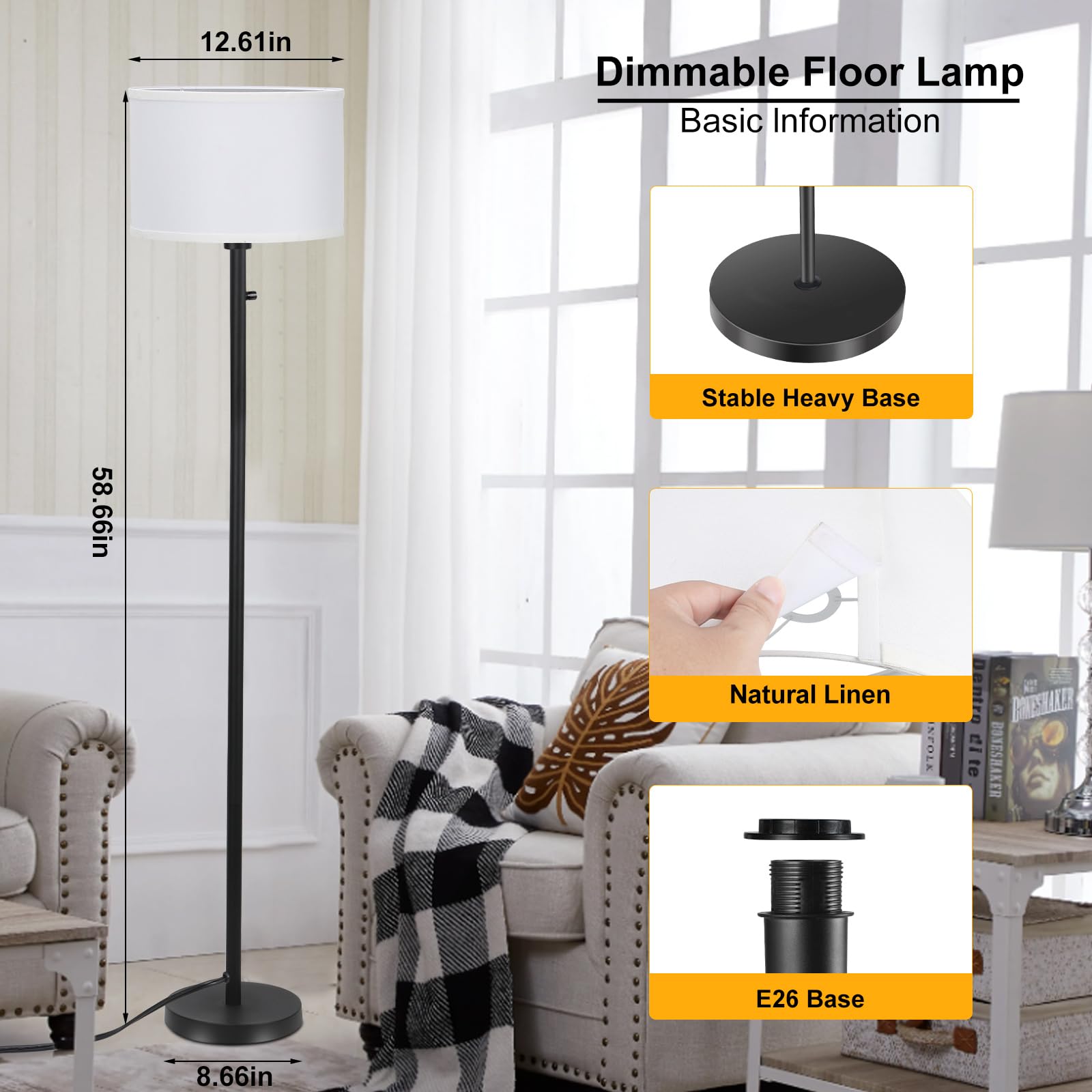 Floor Lamps for Living Room, Stepless Dimmable Standing Lamp, Modern Floor Lamp with Rotary Switch, White Linen Shade, 9W Led Bulb Included(1000LM,2700K), Tall Lamp for Bedroom, Office, Farmhouse