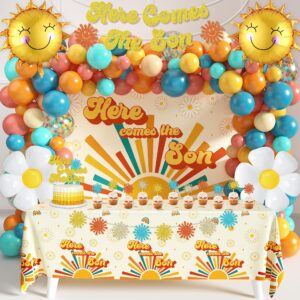 Here Comes the Son Baby Shower Decorations for Boy 1st Birthday Party Supplies Sun Retro Boho Sunshine Birthday Party Table Decor Photograph Backdrop Glitter Banner (Son-Party-B)