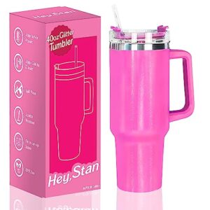 40oz tumbler with handle & straw lid | reusable pink water bottle stainless steel travel mug tumbler cups | pink tumbler beach cup insulated cup | cupholder friendly (bright pink glitter)