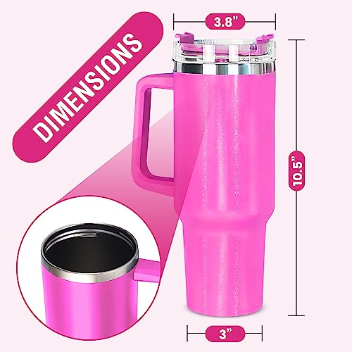 40oz Tumbler with Handle & Straw Lid | Reusable Pink Water Bottle Stainless Steel Travel Mug Tumbler Cups | Pink Tumbler Beach Cup Insulated Cup | Cupholder Friendly (Bright Pink Glitter)