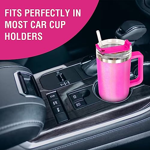 40oz Tumbler with Handle & Straw Lid | Reusable Pink Water Bottle Stainless Steel Travel Mug Tumbler Cups | Pink Tumbler Beach Cup Insulated Cup | Cupholder Friendly (Bright Pink Glitter)