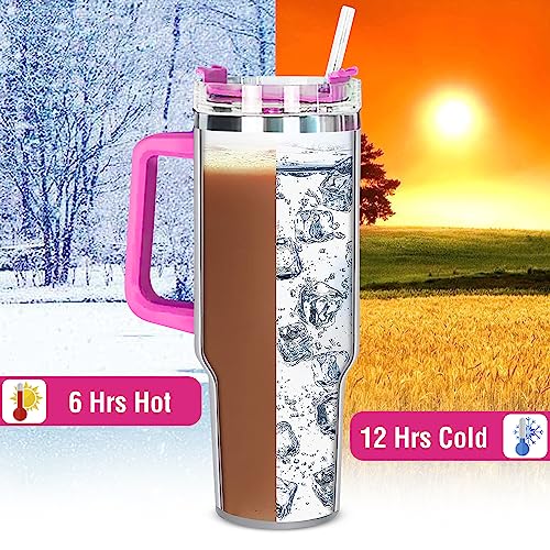 40oz Tumbler with Handle & Straw Lid | Reusable Pink Water Bottle Stainless Steel Travel Mug Tumbler Cups | Pink Tumbler Beach Cup Insulated Cup | Cupholder Friendly (Bright Pink Glitter)