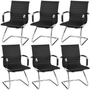 tangkula office guest chair set of 6, heavy duty reception chairs conference room chairs with protective arm sleeves & sled base, modern pu leather classic mid back guest chairs no wheels