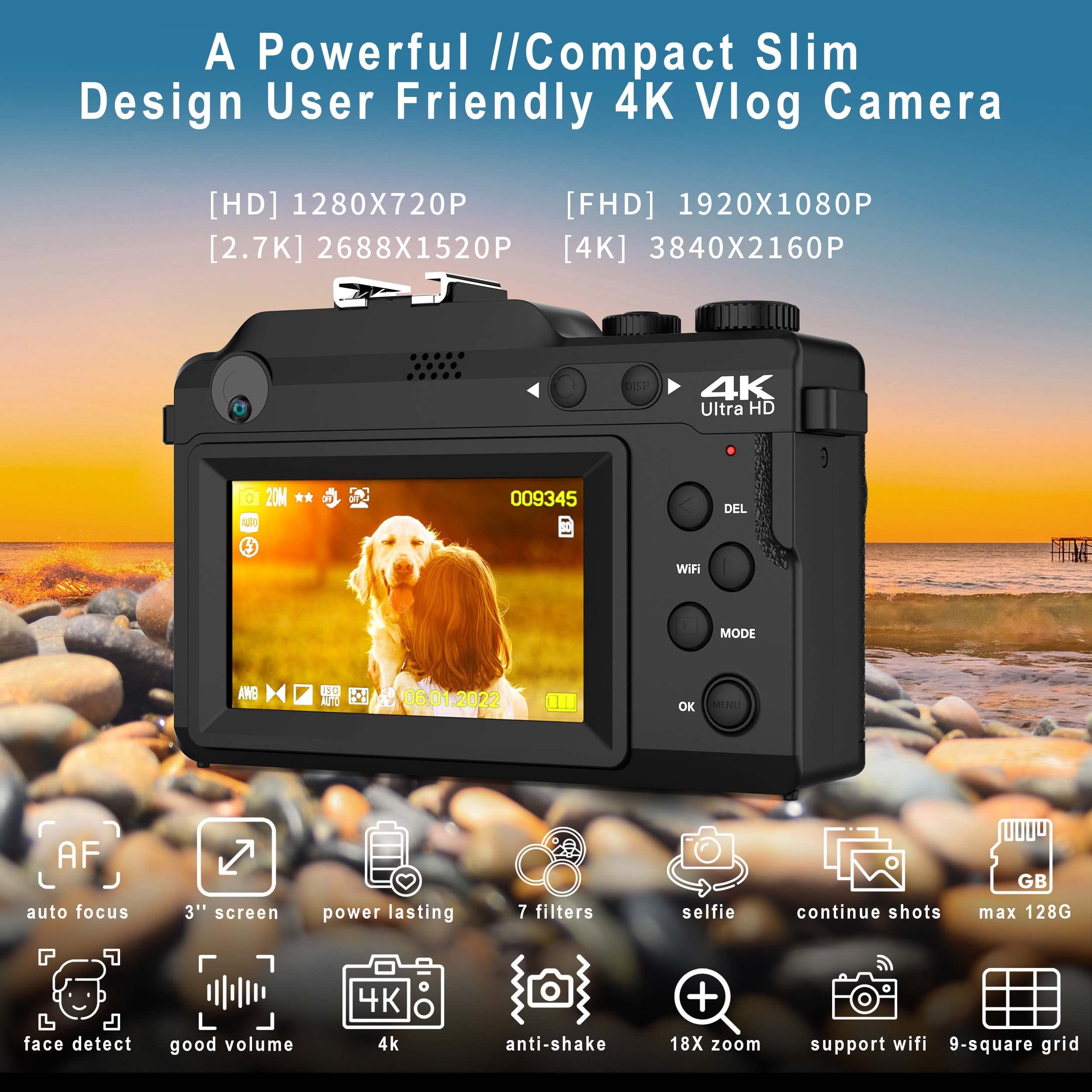 Vlogging Camera, 4K 48MP Digital Camera with WiFi, Free 32G TF Card & Hand Strap, Auto Focus & Anti-Shake, Built-in 7 Color Filters, Face Detect, 3'' IPS Screen, 140°Wide Angle, 18X Digital Zoom A08