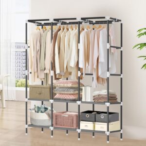 LOKEME Portable Closet, Portable Closets for Hanging Clothes with 3 Hanging Rods and 6 Storage Shelves, Black Closet, Easy to Assemble Wardrobe Closet with 4 Side Pockets