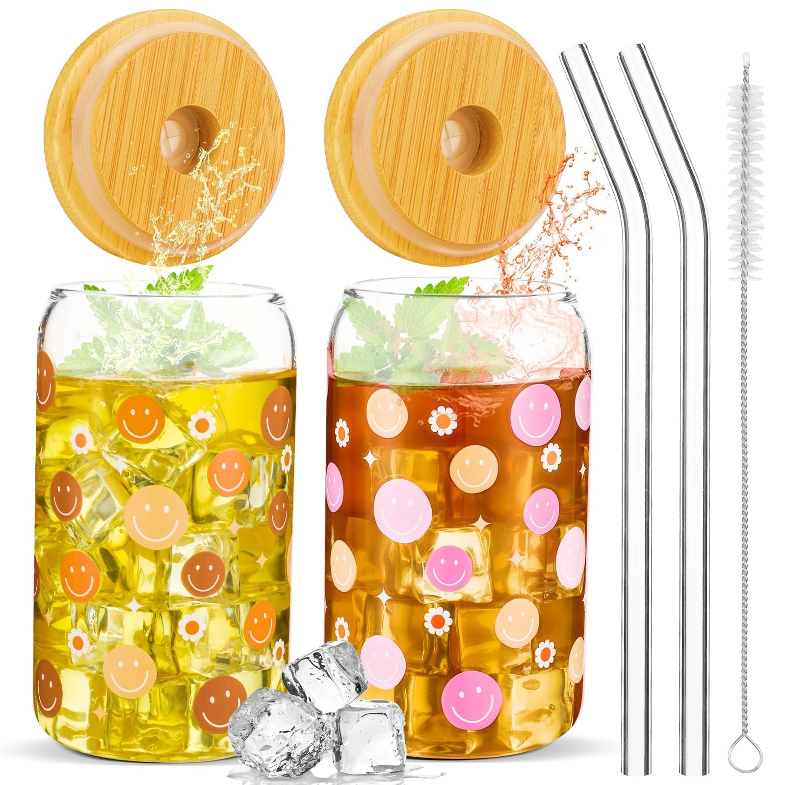 gisgfim 2 Pcs Smile Face Ice Coffee Cup Boho Glass Cup with Straw and Bamboo Lids 16oz Recycled Retro Groovy Drinking Glasses for Tea Soda Clear Water Family Friends Women Gifts