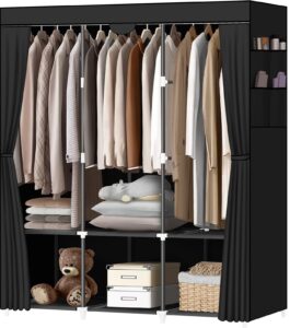 lokeme portable closet, portable closets for hanging clothes with 3 hanging rods and 6 storage shelves and 4 side pockets, black wardrobe closet easy to assemble and strong and stable