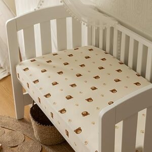 Musioiy Muslin Crib Sheets Fitted Crib Sheets for Boys and Girls, Baby Crib Sheets for Standard Crib Mattress, Toddler Bed Mattress (Crib Sheets & Toddler Bed Sheets, Bear & Brown, Crib)