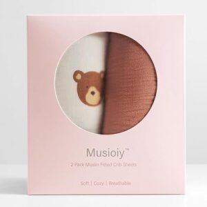 Musioiy Muslin Crib Sheets Fitted Crib Sheets for Boys and Girls, Baby Crib Sheets for Standard Crib Mattress, Toddler Bed Mattress (Crib Sheets & Toddler Bed Sheets, Bear & Brown, Crib)