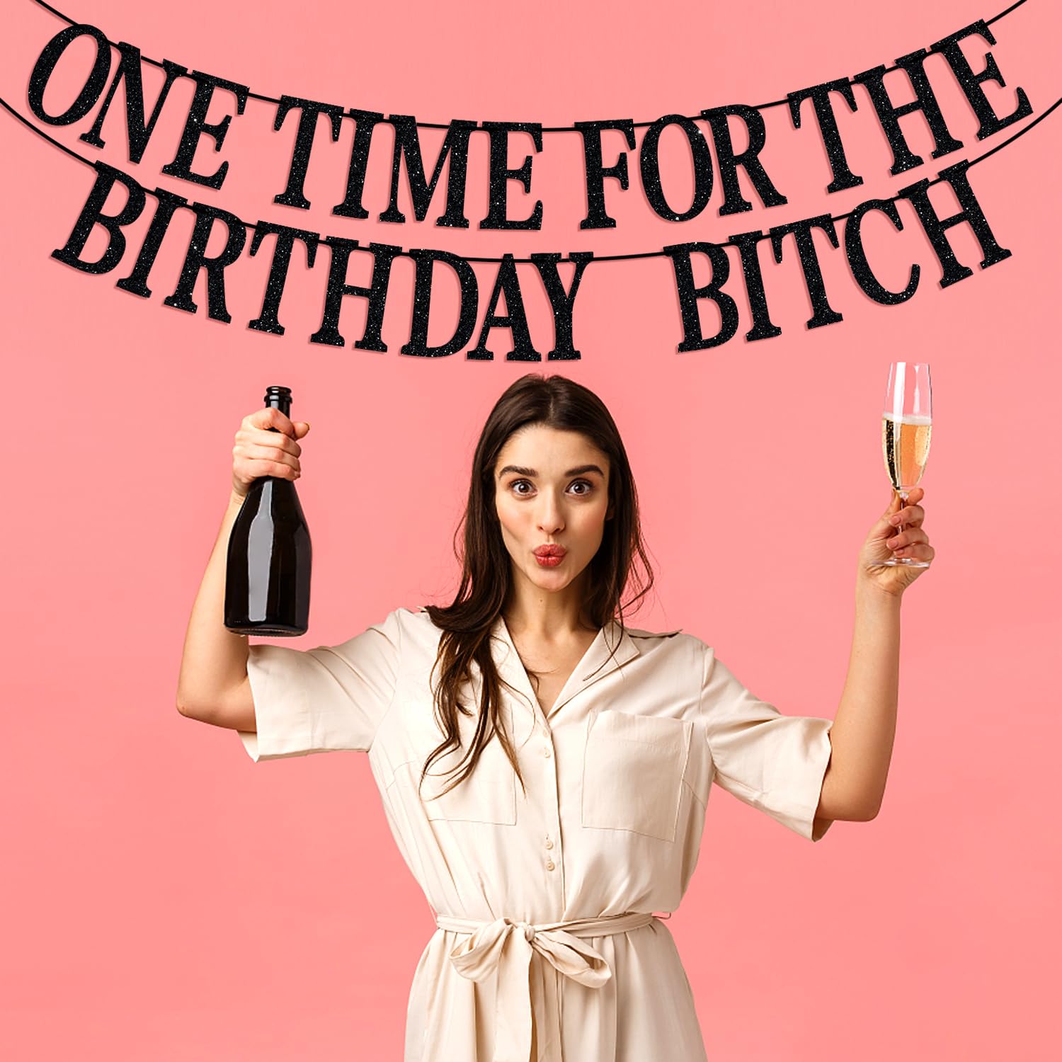 One Time for The Birthday Bitch Banner-Happy Birthday Bunting Backdrops-Funny Birthday Sign for Adult Birthday Party Decorations Supplies, Black Glitter