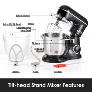 Kitchen in the box Stand Mixer, 4.5QT+5QT Two bowls Electric Food Mixer, 10 Speeds 3-IN-1 Kitchen Mixer for Daily Use with Egg Whisk,Dough Hook,Flat Beater (Black)