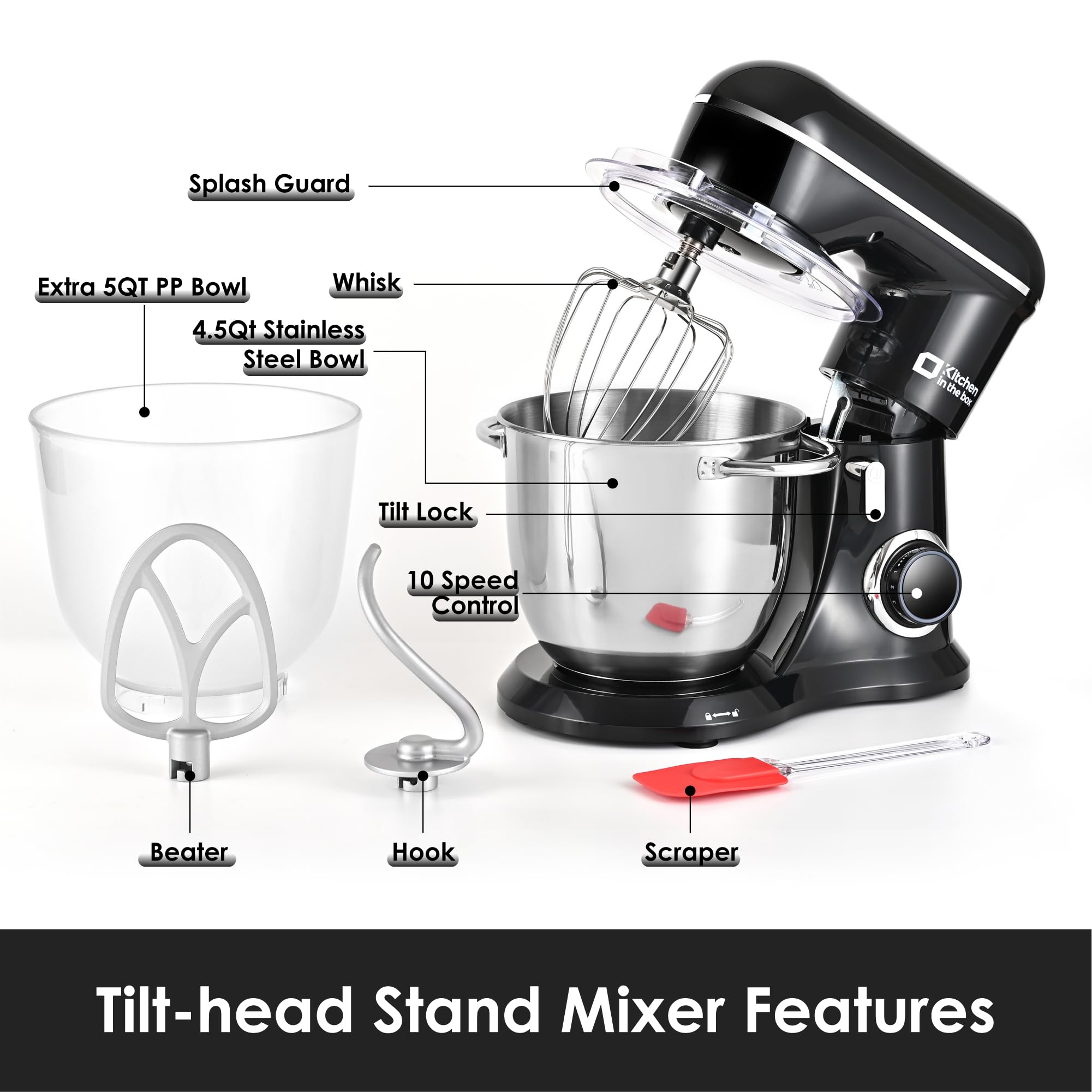 Kitchen in the box Stand Mixer, 4.5QT+5QT Two bowls Electric Food Mixer, 10 Speeds 3-IN-1 Kitchen Mixer for Daily Use with Egg Whisk,Dough Hook,Flat Beater (Black)