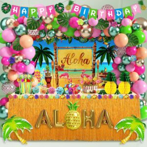 hawaiian luau party decorations tropical luau theme aloha party pack 171pcs for summer beach holiday (including table skirt, backdrop, banner, balloons, hibiscus palm leaves, cake toppers) (luau-02)