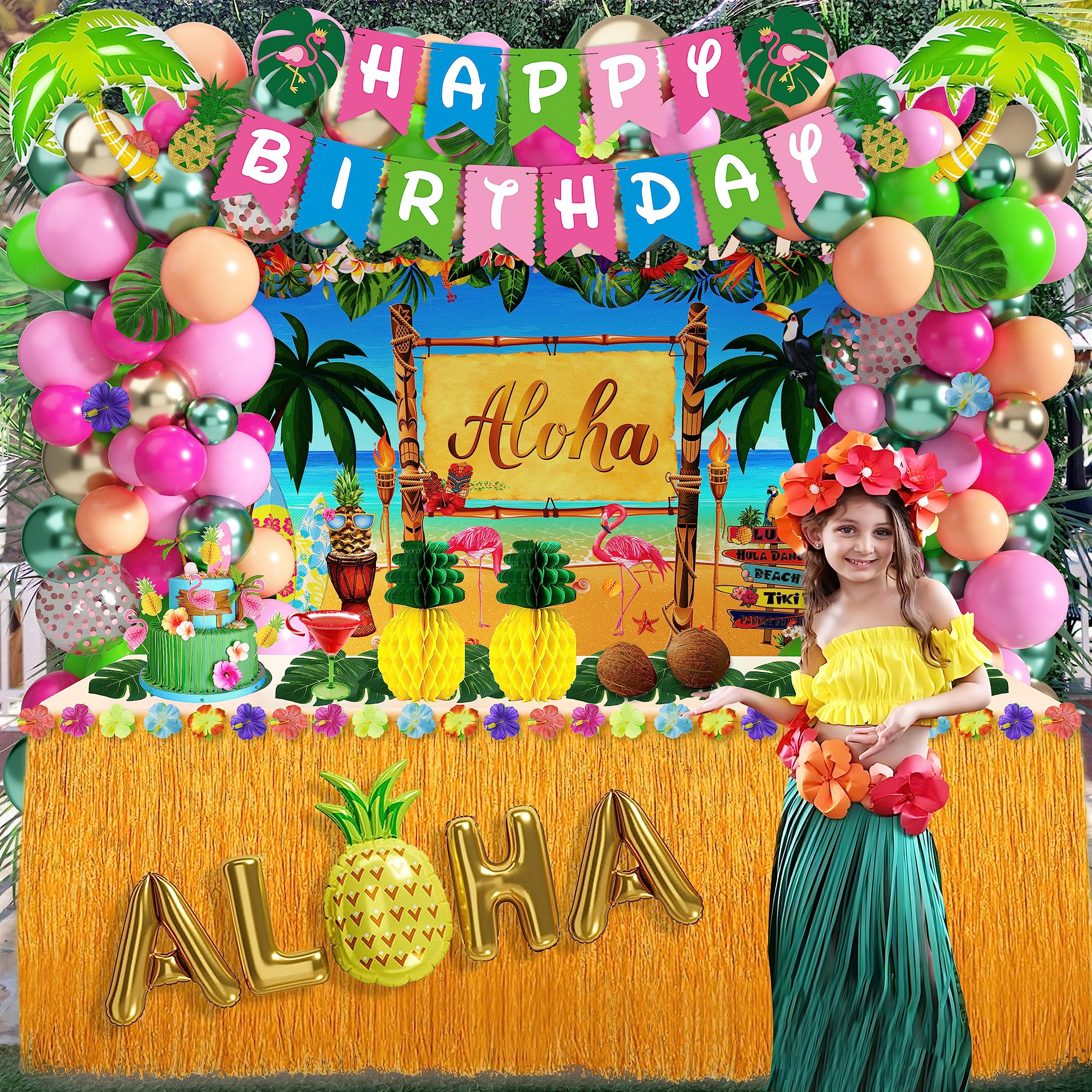 Hawaiian Luau Party Decorations Tropical Luau Theme Aloha Party Pack 171pcs for Summer Beach Holiday (Including Table Skirt, Backdrop, Banner, Balloons, Hibiscus Palm Leaves, Cake Toppers) (Luau-02)