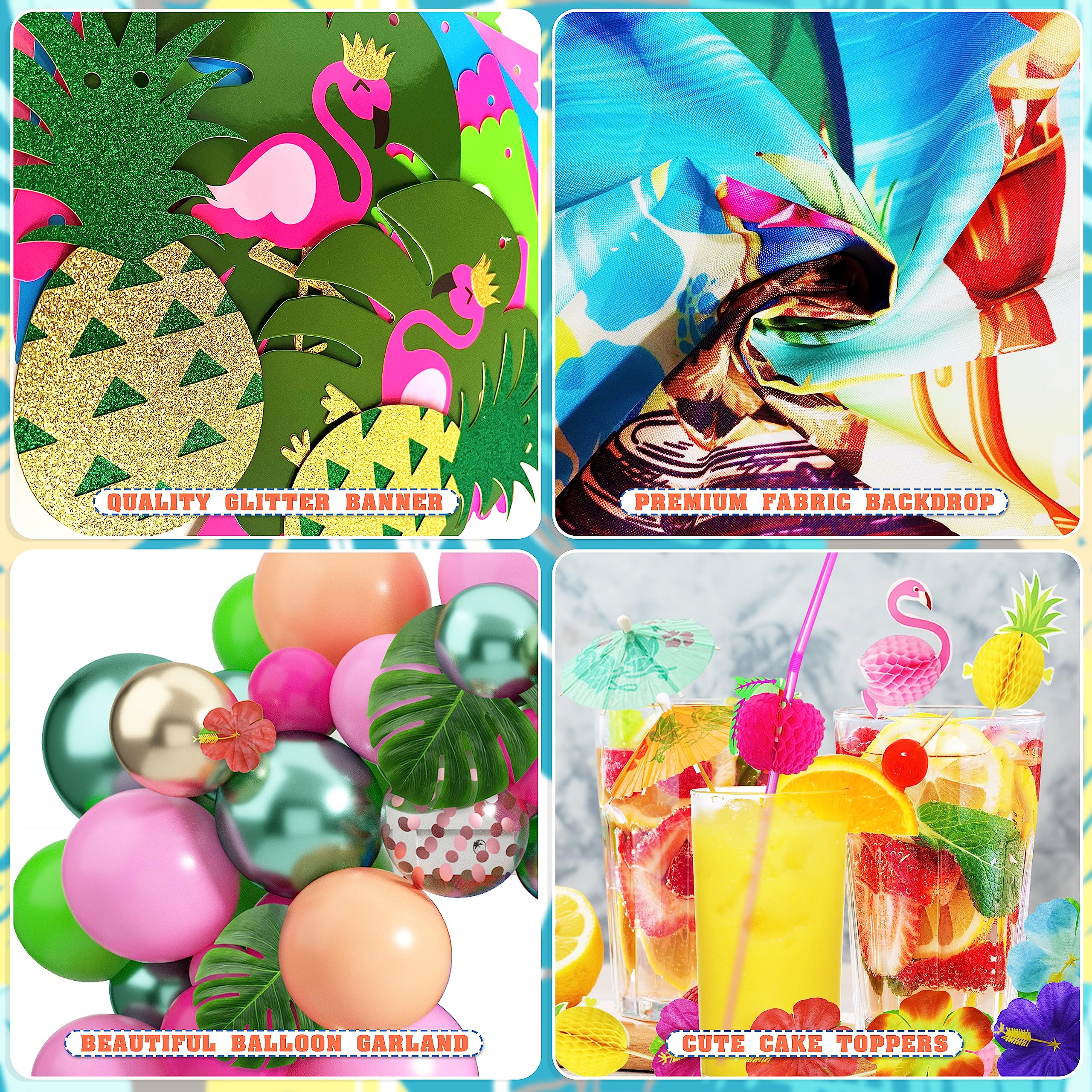 Hawaiian Luau Party Decorations Tropical Luau Theme Aloha Party Pack 171pcs for Summer Beach Holiday (Including Table Skirt, Backdrop, Banner, Balloons, Hibiscus Palm Leaves, Cake Toppers) (Luau-02)