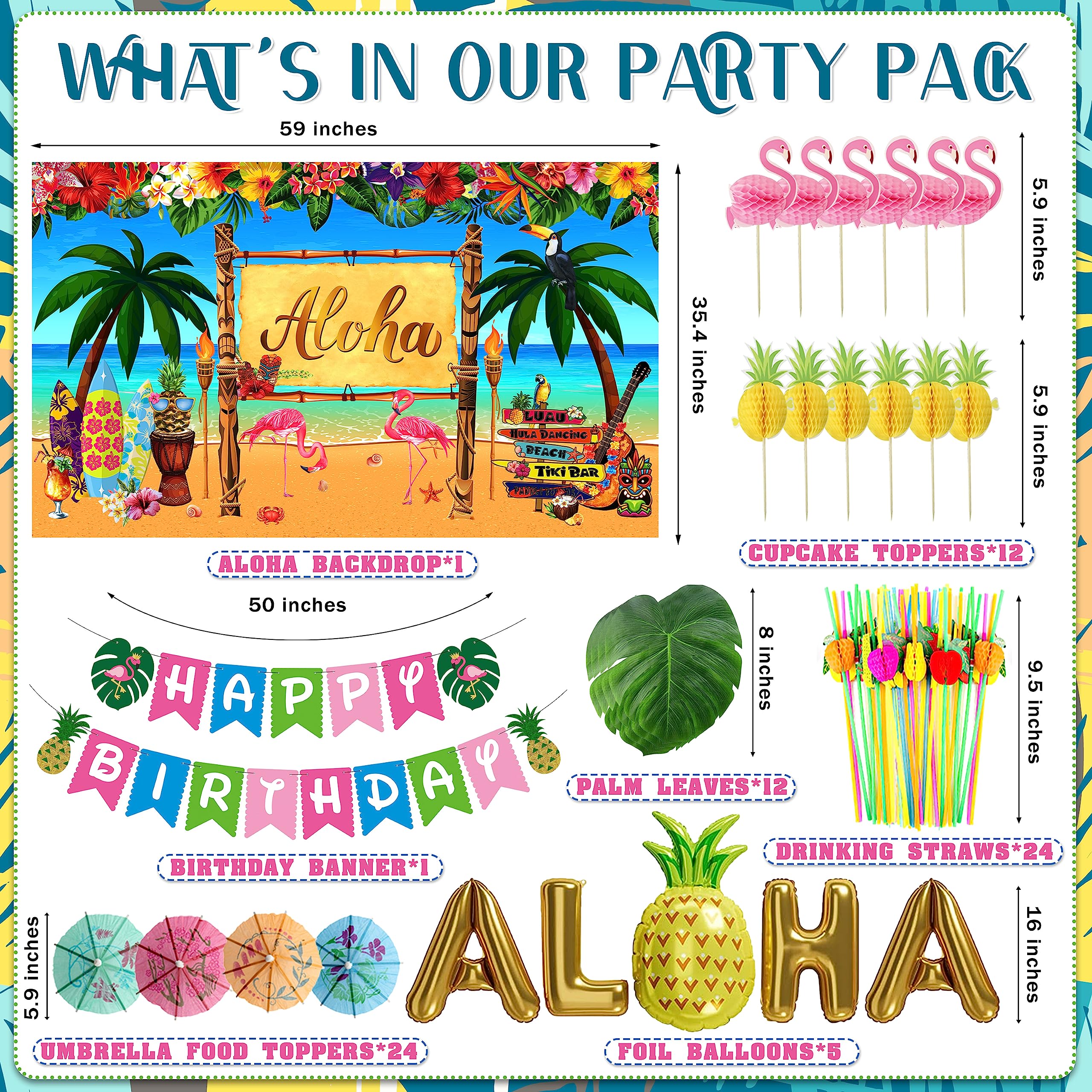 Hawaiian Luau Party Decorations Tropical Luau Theme Aloha Party Pack 171pcs for Summer Beach Holiday (Including Table Skirt, Backdrop, Banner, Balloons, Hibiscus Palm Leaves, Cake Toppers) (Luau-02)