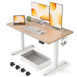 fezibo 48 x 24 inches standing desk with drawer, adjustable height electric stand up desk with storage, sit stand home office desk, ergonomic computer desk, maple
