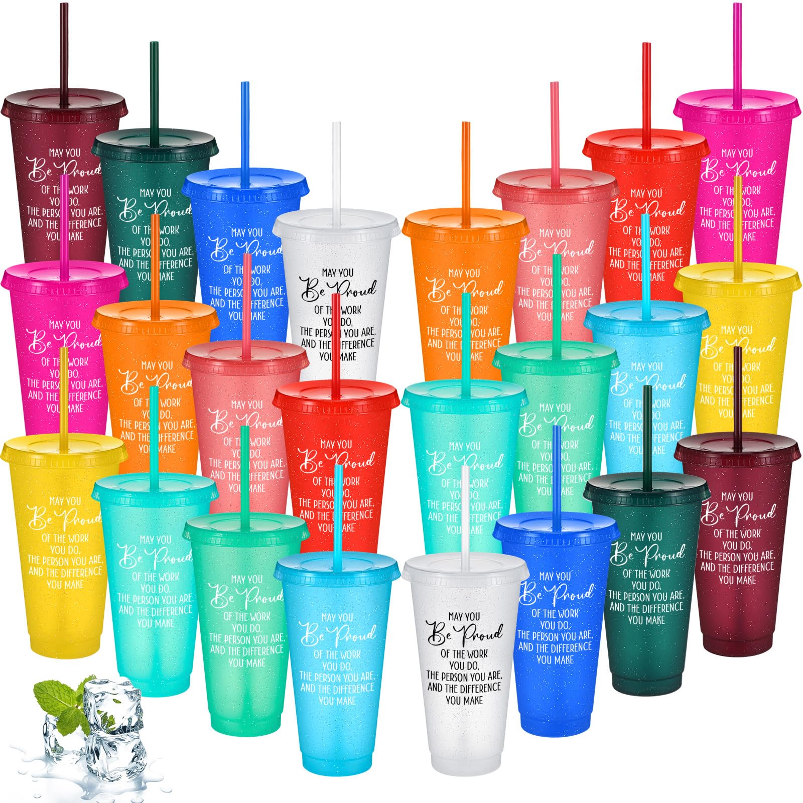 Gerrii Thank You Gift May You Be Proud Of The Work You Do Plastic Tumblers with Straws Lid Inspirational Reusable Glitter Plastic cup Travel Mug Appreciation Gift for Coworker Employee(24 oz, 24 Pcs)