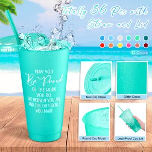 Gerrii Thank You Gift May You Be Proud Of The Work You Do Plastic Tumblers with Straws Lid Inspirational Reusable Glitter Plastic cup Travel Mug Appreciation Gift for Coworker Employee(24 oz, 24 Pcs)