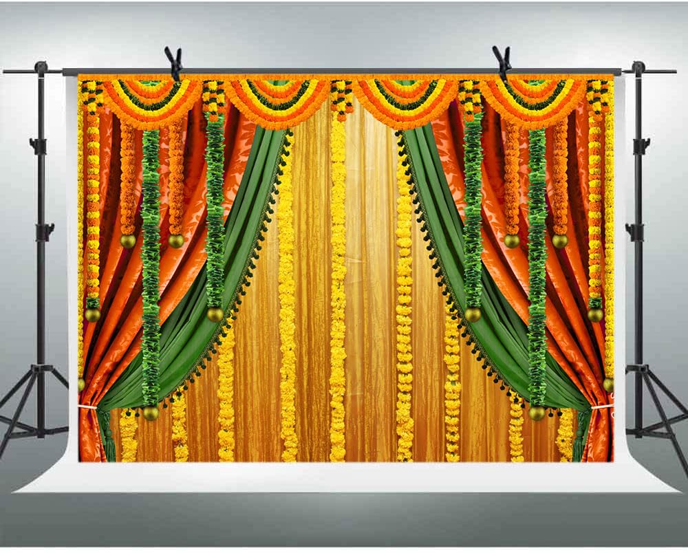 Lofaris India Pooja Photography Backdrop Puja Ganpati Pooja Traditional Mehndi Festival Background Decorations Wedding Party Marigold Garlands Photo Props 10x7ft