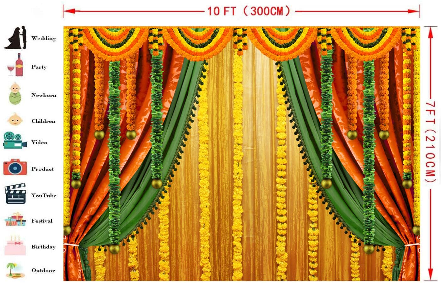 Lofaris India Pooja Photography Backdrop Puja Ganpati Pooja Traditional Mehndi Festival Background Decorations Wedding Party Marigold Garlands Photo Props 10x7ft