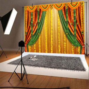 Lofaris India Pooja Photography Backdrop Puja Ganpati Pooja Traditional Mehndi Festival Background Decorations Wedding Party Marigold Garlands Photo Props 10x7ft