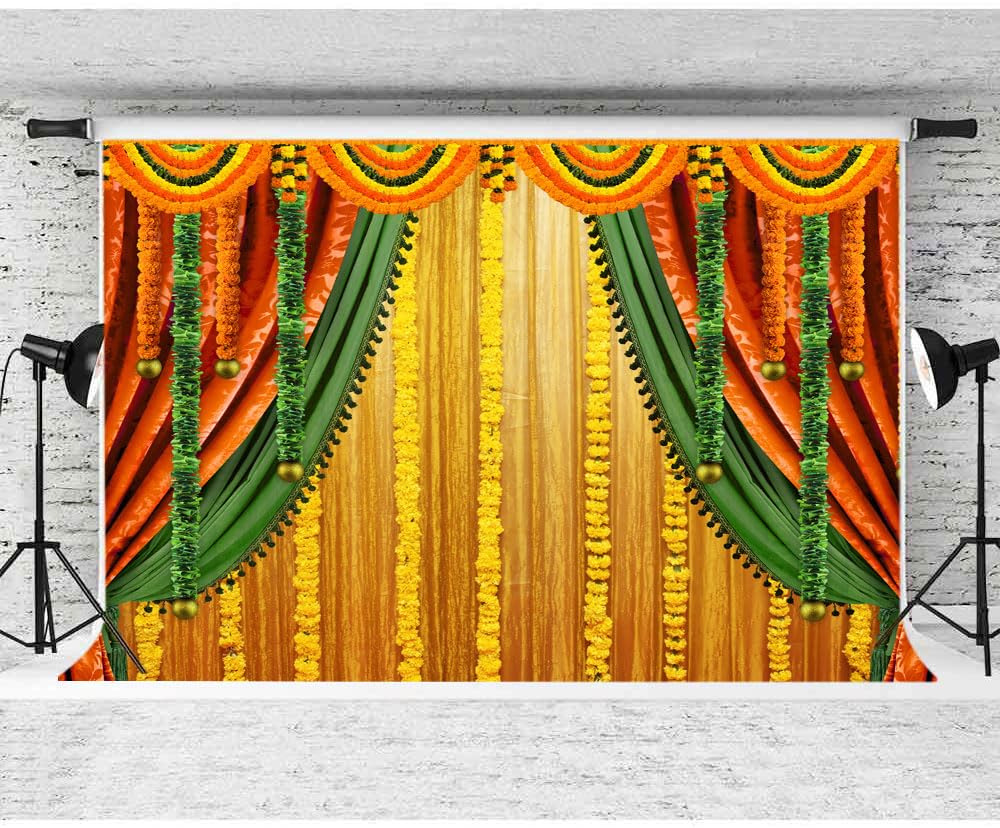 Lofaris India Pooja Photography Backdrop Puja Ganpati Pooja Traditional Mehndi Festival Background Decorations Wedding Party Marigold Garlands Photo Props 10x7ft