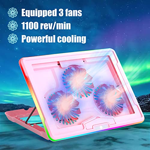 ANC160 Laptop Cooling Pad, Full Surround LED Strip, 15 Types of Lighting Effects, 3 Stepless Adjustment Quiet Fans, 7 Angle Adjustment, Supports up to 19 inch (Pink)