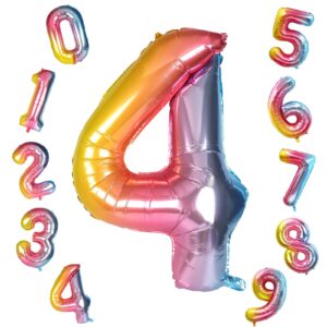rubfac number balloons 40 inch large rainbow gradient number 4 balloon, 0-9 huge colorful digit foil mylar helium balloons for happy 4th 14th 24th 34th birthday decorations baby shower party supplies