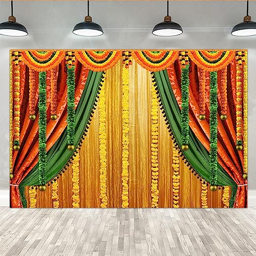 Lofaris India Pooja Photography Backdrop Puja Ganpati Pooja Traditional Mehndi Festival Background Decorations Wedding Party Marigold Garlands Photo Props 9x6ft