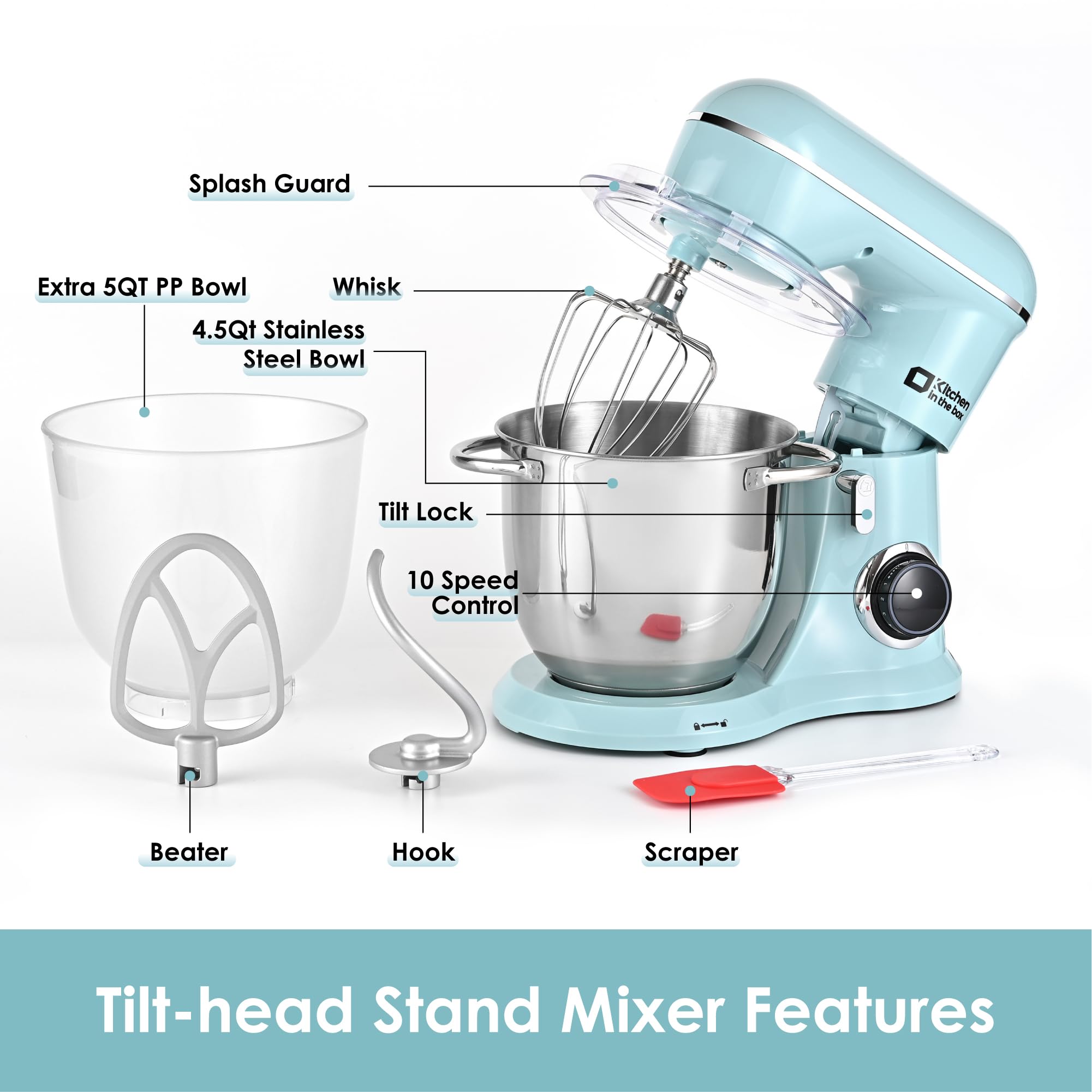 Kitchen in the box Stand Mixer, 4.5QT+5QT Two bowls Electric Food Mixer, 10 Speeds Kitchen Mixer for Daily Use with Egg Whisk,Dough Hook,Flat Beater (Blue)