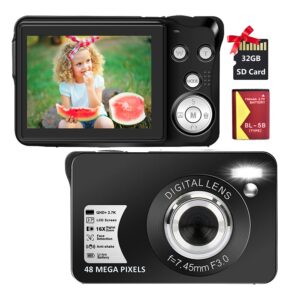 rrgear digital camera for kids, 2.7k digital camera for teens, boys & girls, 16x digital zoom camera with 32gb sd card & 2 batteries (black) (dc9)