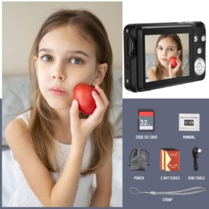 RRGEAR Digital Camera for Kids, 2.7K Digital Camera for Teens, Boys & Girls, 16X Digital Zoom Camera with 32GB SD Card & 2 Batteries (Black) (DC9)