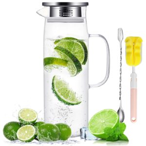 glass pitcher with lid and handle,50 oz glass water jug with spout for cold&hot drinks - heat resistant borosilicate crystal clear glass carafe for sangria,coffee,brewed tea,juice,wine and beverage