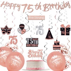 wojogo 75th birthday decorations for women, rose gold 75 birthday decorations for women, happy 75th birthday banner hanging swirls birthday cake topper balloons decor kit for party supplies