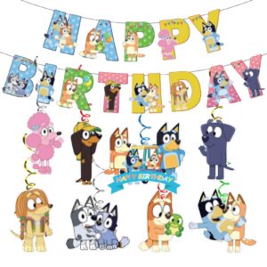 blue dog birthday party supplies, blue dog birthday party decorations banner and hanging swirls for kid, boys and girls happy birthday banners