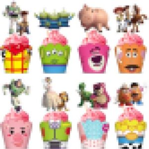 48 pcs toy theme birthday party supplies favor, cake decorations toy cupcake toppers and toy cupcake wrappers set with 24 pcs cupcake toppers, 24 pcs cupcake wrappers for cartoons video