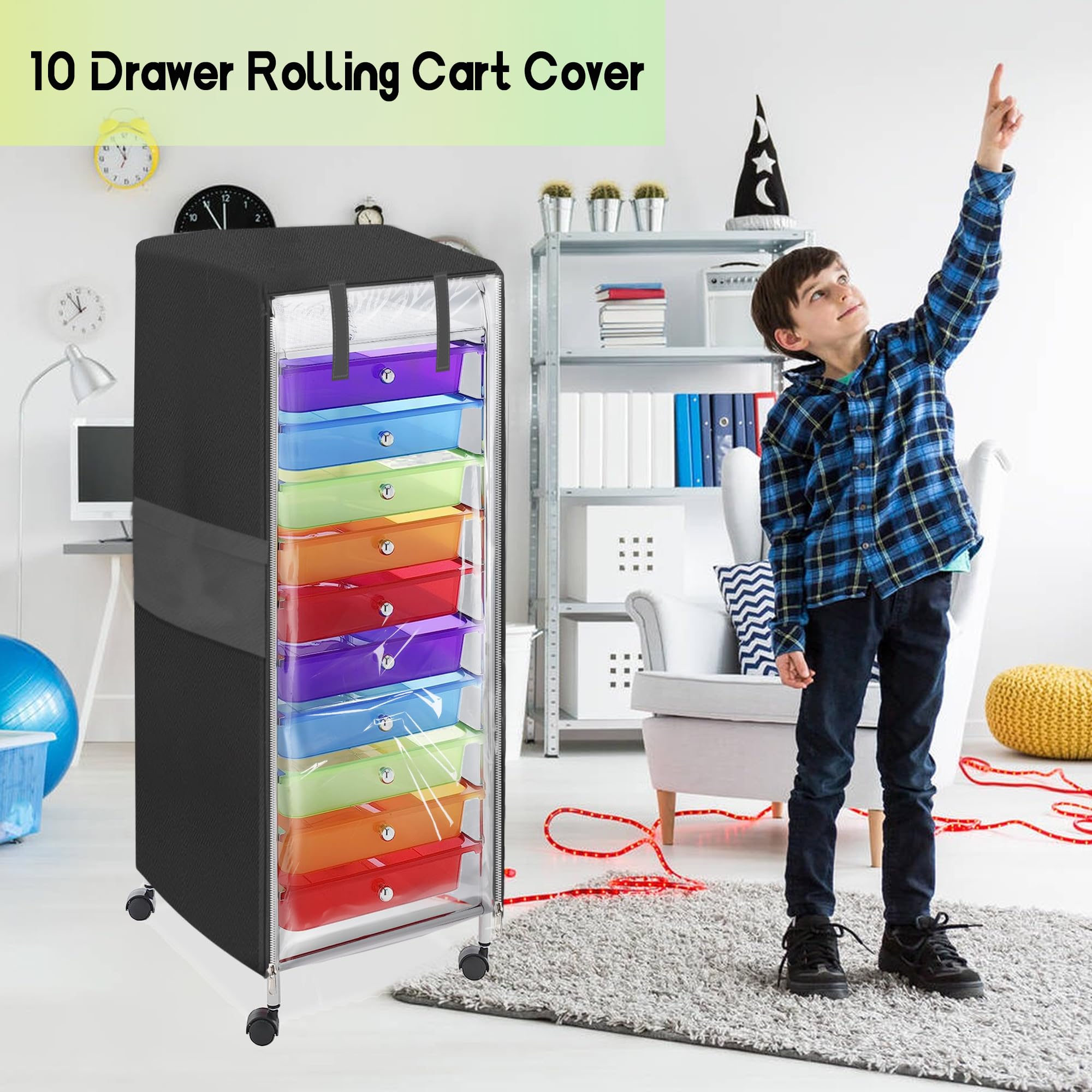 10 Drawer Rolling Cart Cover, Fits Racks 13" Lx15'' Dx34'' H One Side See Through Panel , without Rolling Cart (Cover Only)