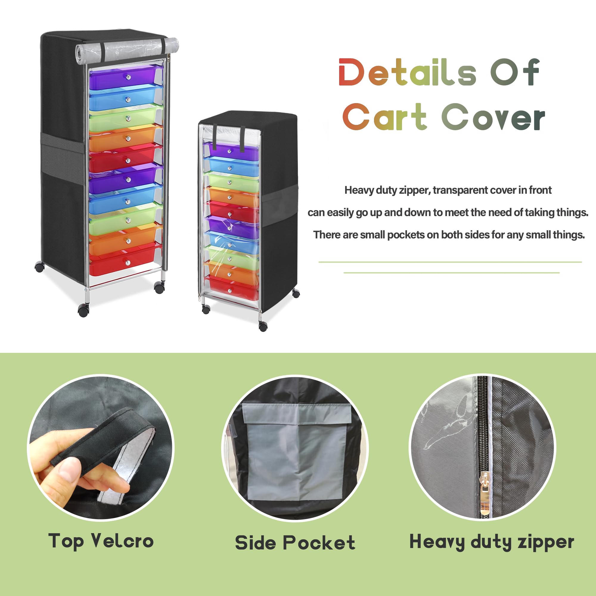 10 Drawer Rolling Cart Cover, Fits Racks 13" Lx15'' Dx34'' H One Side See Through Panel , without Rolling Cart (Cover Only)