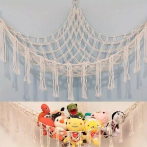 stuffed animal net or hammock, mesh hanging stuffed animal storage net for plushies, squishmallow net hardware included, white, stretches up to 55 inches, 1 pack