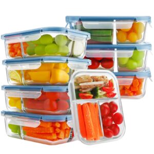 homberking 8 pack glass meal prep containers 3 compartment, 36oz glass food storage containers with lids, airtight glass lunch bento boxes, bpa-free & leak proof (8 lids & 8 containers) - blue