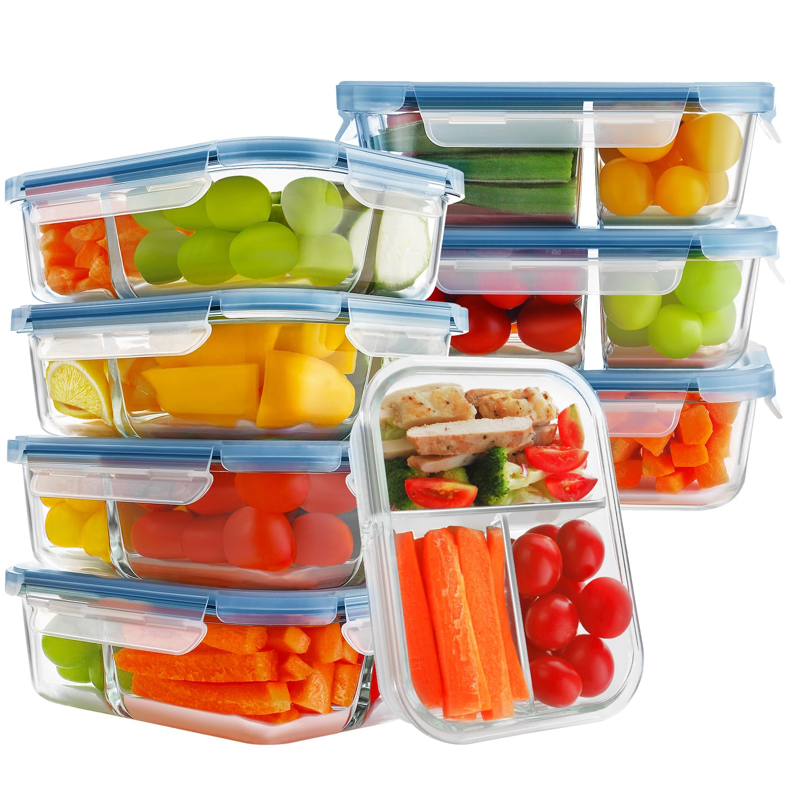 HOMBERKING 8 Pack Glass Meal Prep Containers 3 Compartment, 36oz Glass Food Storage Containers with Lids, Airtight Glass Lunch Bento Boxes, BPA-Free & Leak Proof (8 lids & 8 Containers) - Blue