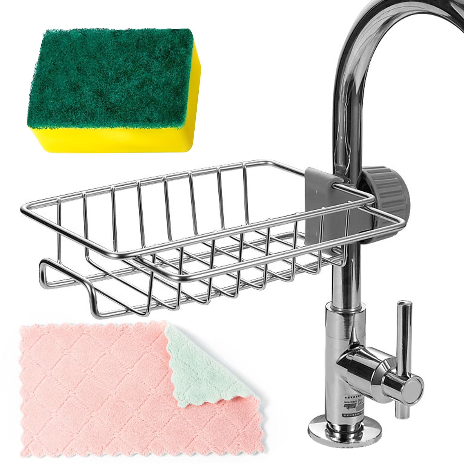 hautllaif Sponge Holder for Kitchen Sink，3-in-1 Drain Rack Storage Holder Shelf Sponge Soap Cloth Holder for Kitchen Sink Faucet,with Microfiber Sponge and Dish Towel